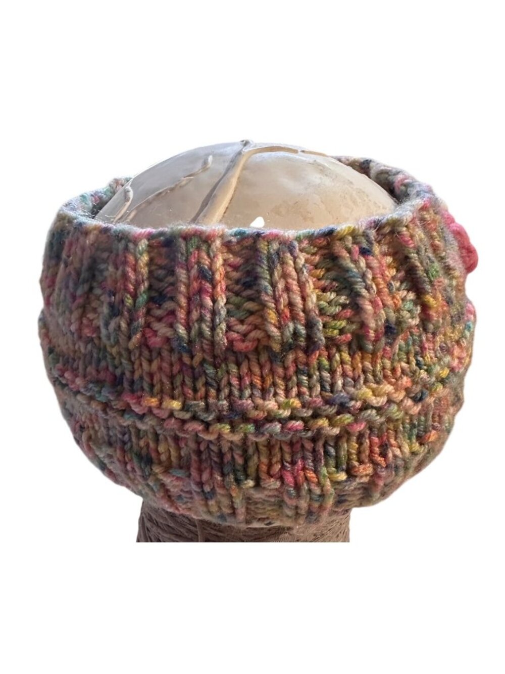 Handmade Multicolor Knit Ear Warmer With Pink Crochet Flower Accent - Picture 3 of 5